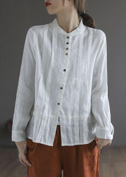 Elegant White Linen Retro Wrinkled Fall Tie Waist Long Sleeve Shirt Tops - bagstylebliss