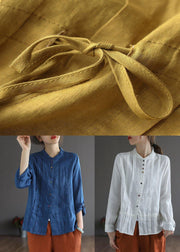 Elegant White Linen Retro Wrinkled Fall Tie Waist Long Sleeve Shirt Tops - bagstylebliss