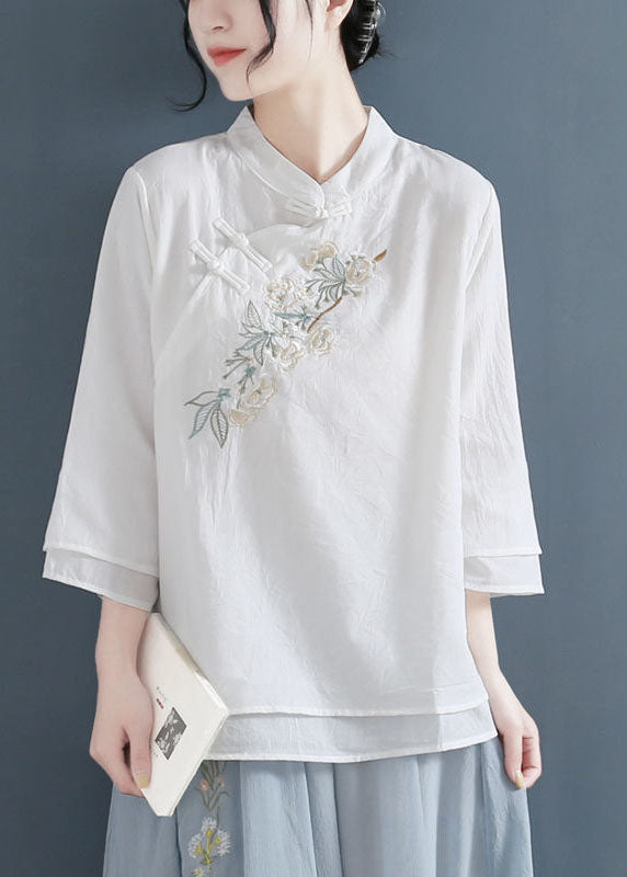 Elegant White Mandarin Collar Cotton Fake Two Piece Shirts Three Quarter sleeve