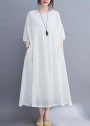 Elegant White O-Neck wrinkled Extra large hem Long Dress Half Sleeve