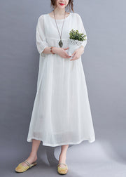 Elegant White O-Neck wrinkled Extra large hem Long Dress Half Sleeve