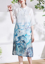 Elegant White Patchwork Button Print Summer Ramie Mid Dress Half Sleeve - bagstylebliss
