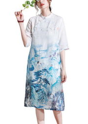 Elegant White Patchwork Button Print Summer Ramie Mid Dress Half Sleeve - bagstylebliss