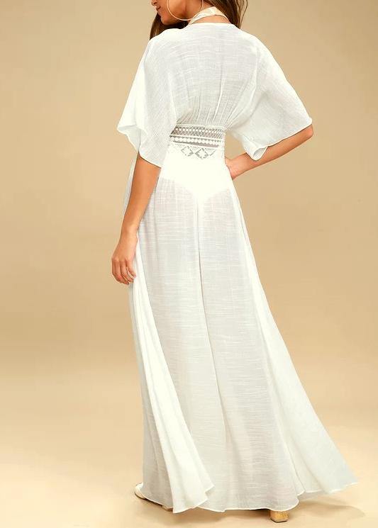 Elegant White Patchwork Hollow Out kimono robe Long Summer Cotton - bagstylebliss