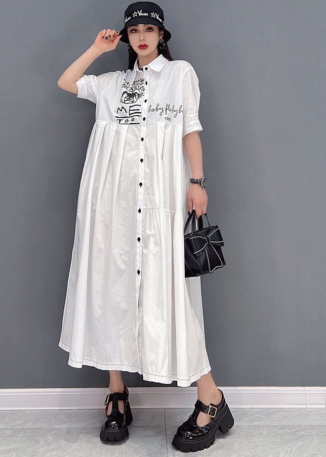 Elegant White Peter Pan Collar Print Wrinkled Cotton Party Shirt Dress Short Sleeve