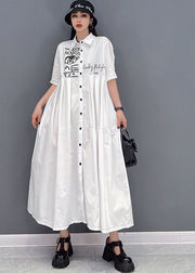 Elegant White Peter Pan Collar Print Wrinkled Cotton Party Shirt Dress Short Sleeve