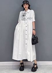 Elegant White Peter Pan Collar Print Wrinkled Cotton Party Shirt Dress Short Sleeve