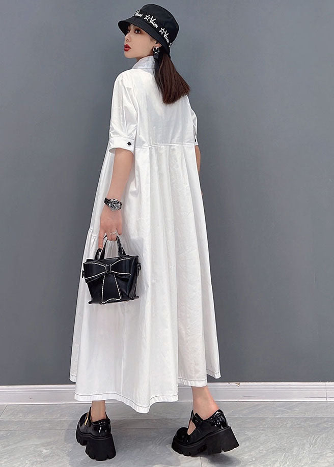 Elegant White Peter Pan Collar Print Wrinkled Cotton Party Shirt Dress Short Sleeve