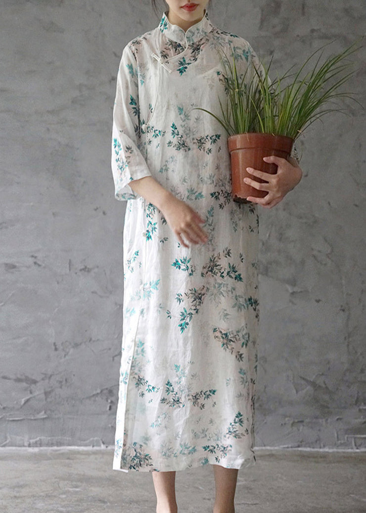 Elegant White Print Stand Collar Side Open Linen Cheongsam Dress Summer