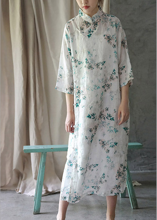 Elegant White Print Stand Collar Side Open Linen Cheongsam Dress Summer