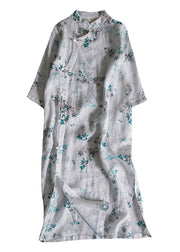 Elegant White Print Stand Collar Side Open Linen Cheongsam Dress Summer