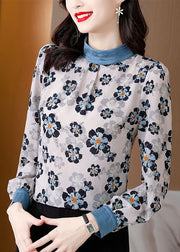 Elegant White Stand Collar print Patchwork Chiffon Blouse Tops Spring