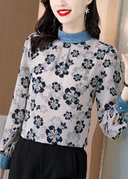 Elegant White Stand Collar print Patchwork Chiffon Blouse Tops Spring