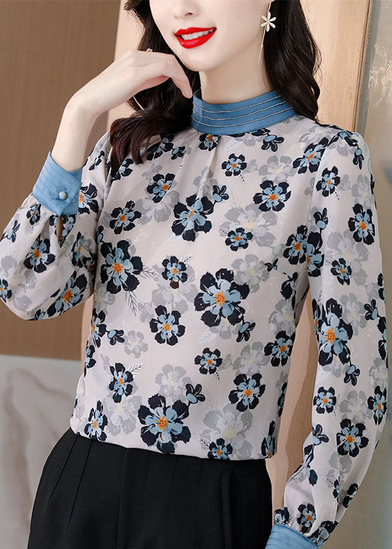 Elegant White Stand Collar print Patchwork Chiffon Blouse Tops Spring