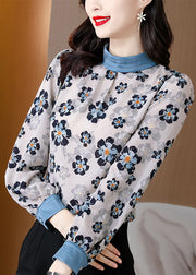 Elegant White Stand Collar print Patchwork Chiffon Blouse Tops Spring