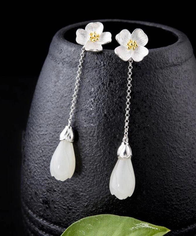 Elegant White Sterling Silver Inlaid Jade Floral Drop Earrings