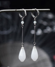 Elegant White Sterling Silver Jade Drip Drop Earrings