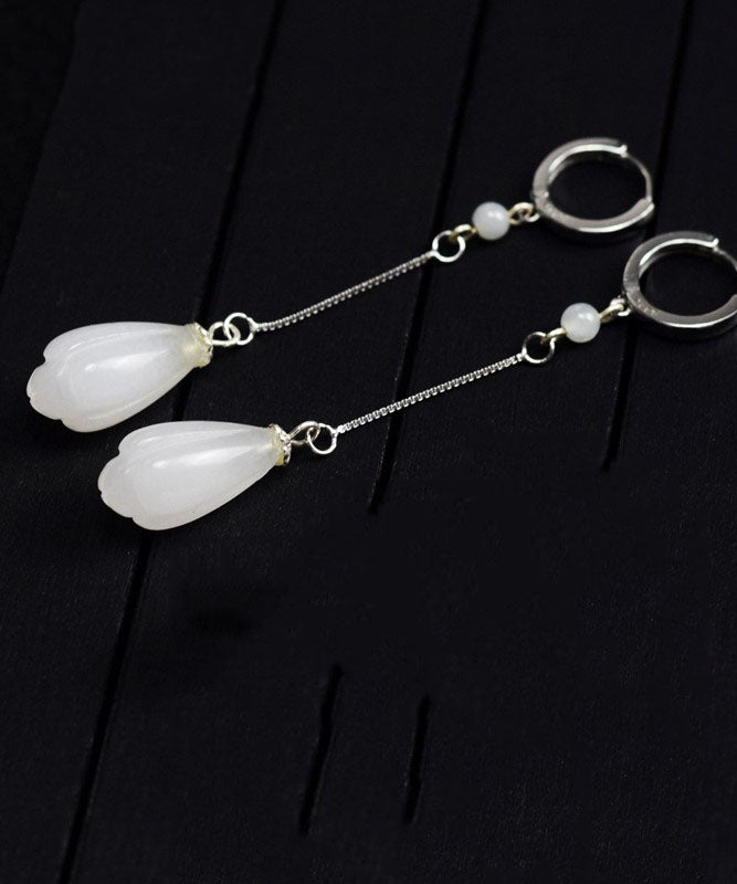 Elegant White Sterling Silver Jade Drip Drop Earrings