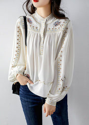 Elegant White 2024 Embroidered Chiffon Blouse Tops Long Sleeve