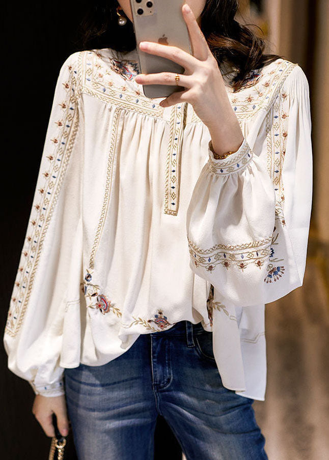 Elegant White 2024 Embroideried Chiffon Blouse Tops Long Sleeve