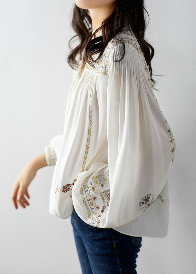 Elegant White 2024 Embroideried Chiffon Blouse Tops Long Sleeve