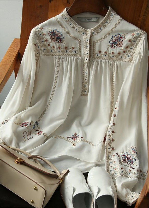 Elegant White 2024 Embroideried Chiffon Blouse Tops Long Sleeve