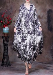 Elegant White V Neck Asymmetrical Design Tie Dye Silk Dress Long Sleeve