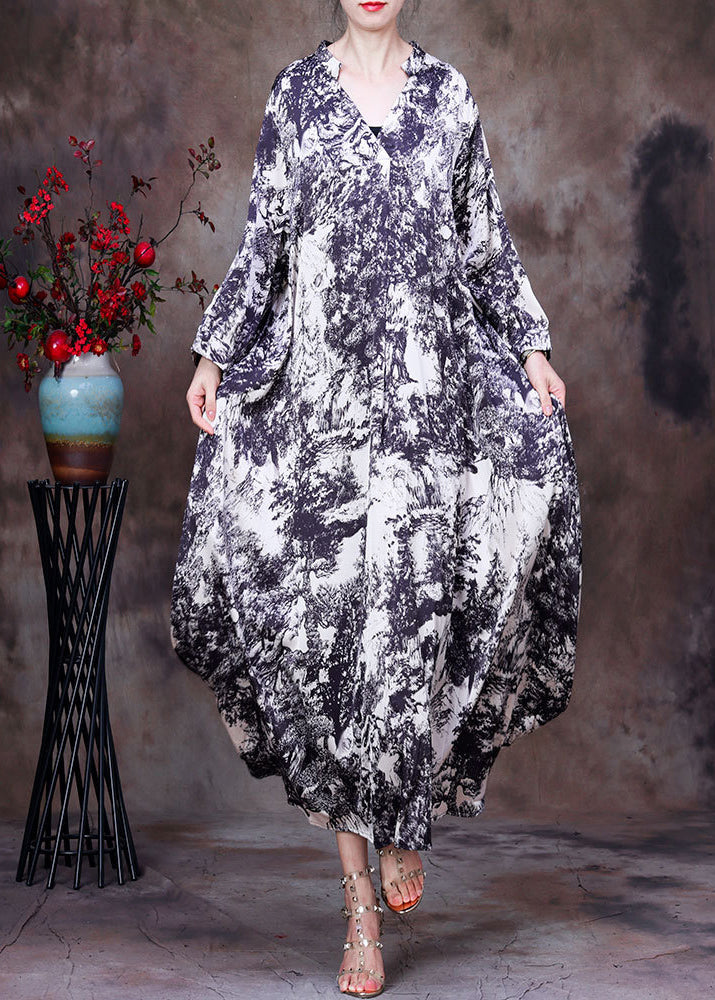 Elegant White V Neck Asymmetrical Design Tie Dye Silk Dress Long Sleeve