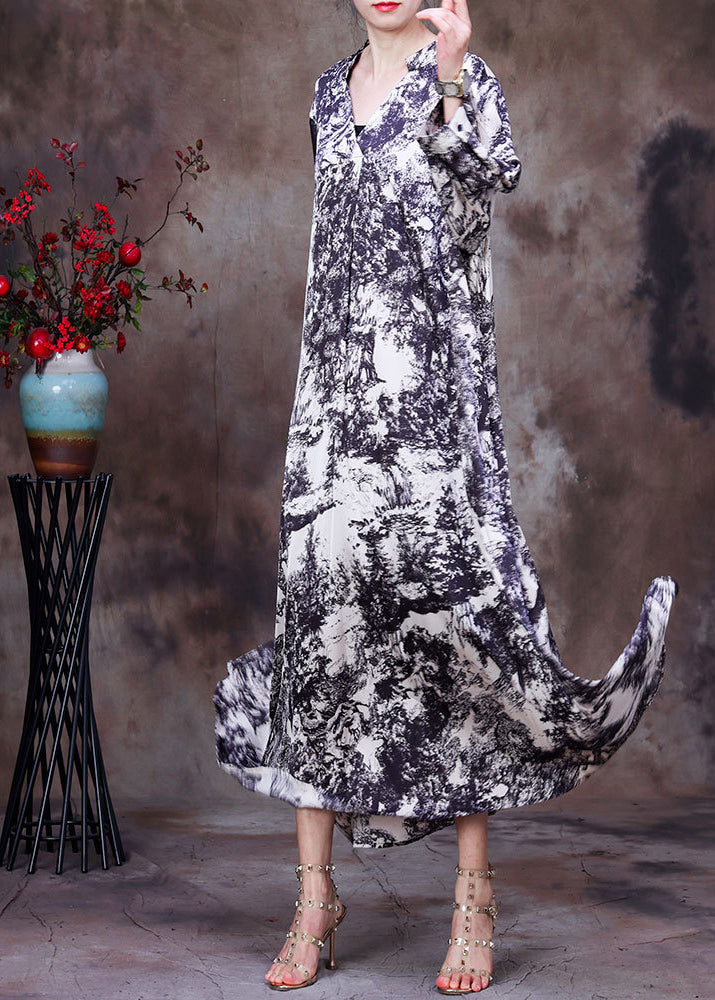 Elegant White V Neck Asymmetrical Design Tie Dye Silk Dress Long Sleeve