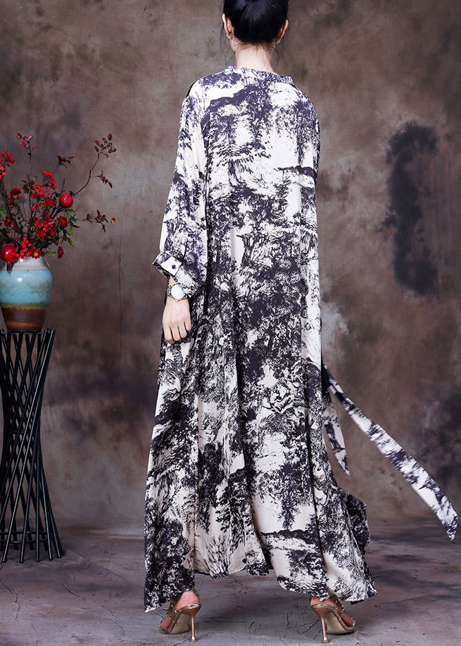 Elegant White V Neck Asymmetrical Design Tie Dye Silk Dress Long Sleeve