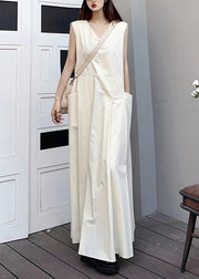 Elegant White V Neck Pockets Patchwork Cotton Maxi Dresses Sleeveless