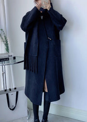 Elegant White V Neck Pockets Scarf Woolen Coat Winter