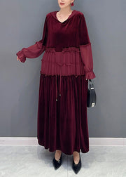 Elegant Wine Red Ruffled Lace Up Patchwork Velour Long Dresses Fall