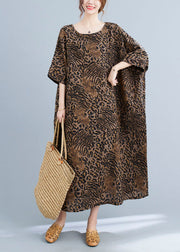 Elegant Yellow Leopard Pockets Print Cotton Loose Dresses Half Sleeve