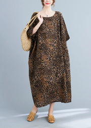 Elegant Yellow Leopard Pockets Print Cotton Loose Dresses Half Sleeve