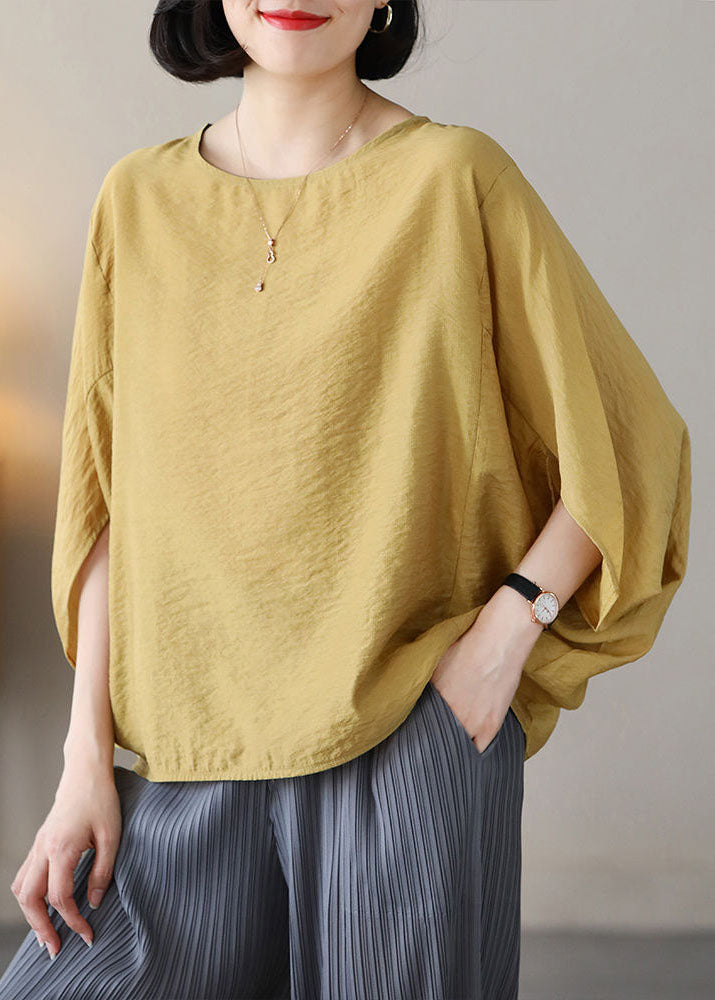 Elegant Yellow O-Neck Oversized Linen Shirt Top Batwing Sleeve