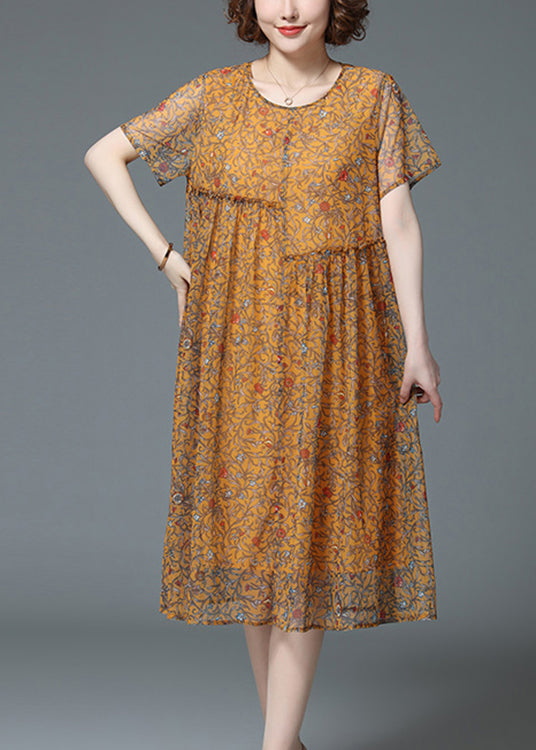 Elegant Yellow O-Neck Wrinkled Ruffled Print Chiffon Dress Short Sleeve