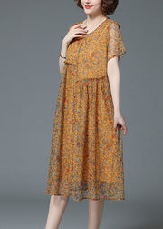 Elegant Yellow O-Neck Wrinkled Ruffled Print Chiffon Dress Short Sleeve