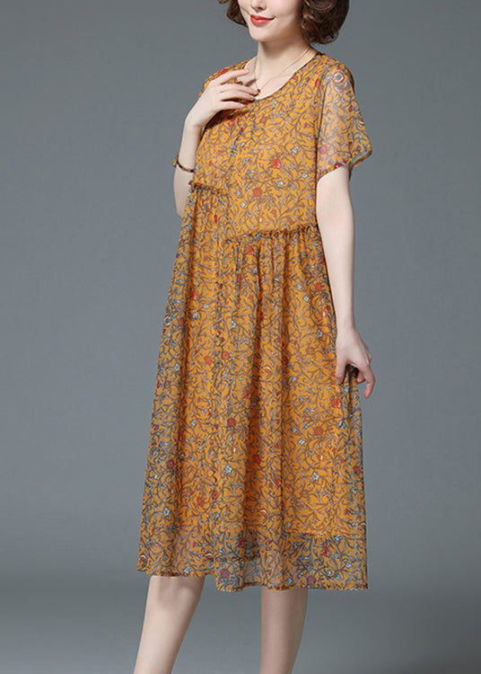 Elegant Yellow O-Neck Wrinkled Ruffled Print Chiffon Dress Short Sleeve