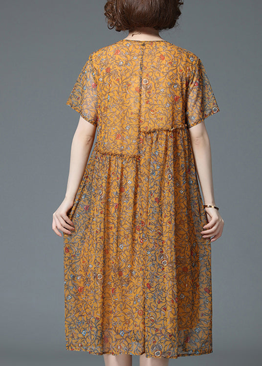 Elegant Yellow O-Neck Wrinkled Ruffled Print Chiffon Dress Short Sleeve