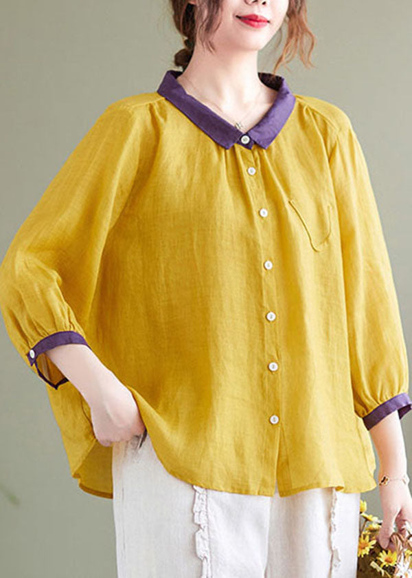 Elegant Yellow Peter Pan Collar Patchwork Linen Shirt Top Bracelet Sleeve