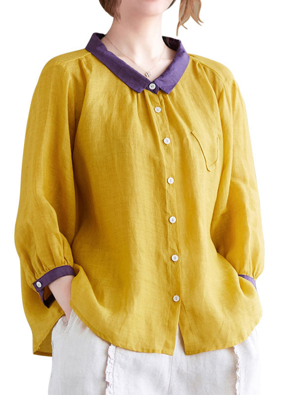 Elegant Yellow Peter Pan Collar Patchwork Linen Shirt Top Bracelet Sleeve