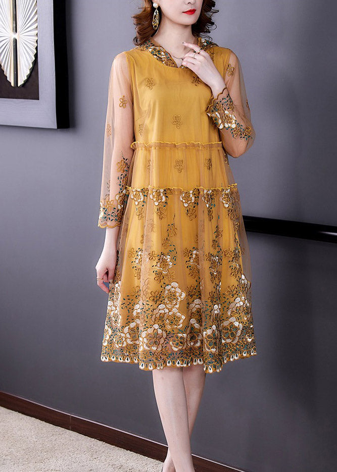 Elegant Yellow Ruffled Tulle Vacation Hooded Tulle Long Dresses Spring