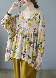 Elegant Yellow Ruffles Print Batwing Sleeve Cotton Linen Top - bagstylebliss