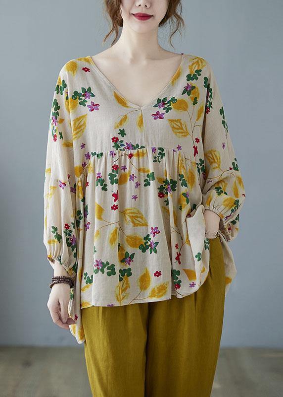 Elegant Yellow Ruffles Print Batwing Sleeve Cotton Linen Top - bagstylebliss