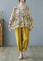 Elegant Yellow Ruffles Print Batwing Sleeve Cotton Linen Top - bagstylebliss