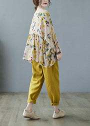 Elegant Yellow Ruffles Print Batwing Sleeve Cotton Linen Top - bagstylebliss