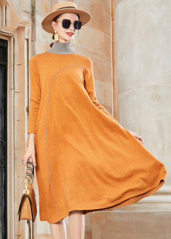 Elegant Yellow Stand Collar Patchwork Woolen Dresses Fall