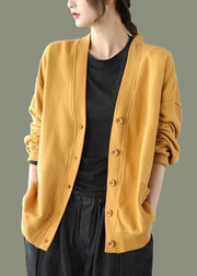 Elegant Yellow V Neck Button Patchwork Warm Fleece Sweatshirt Coat Fall