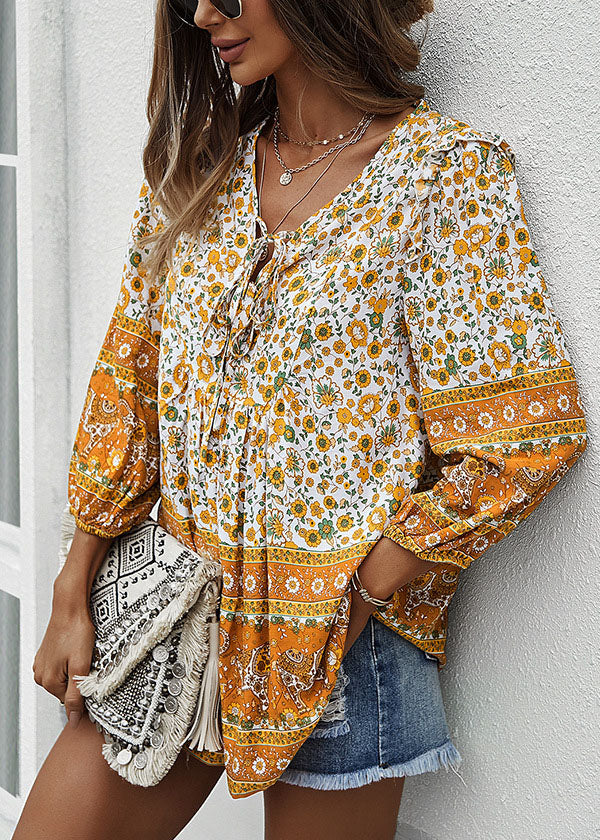 Elegant Yellow V Neck Lace Up Print Patchwork Cotton Top Long Sleeve